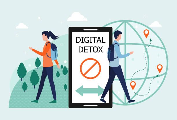デジタルデトックスのイメージイラスト - スマートフォンから離れて自然の中を歩く人々