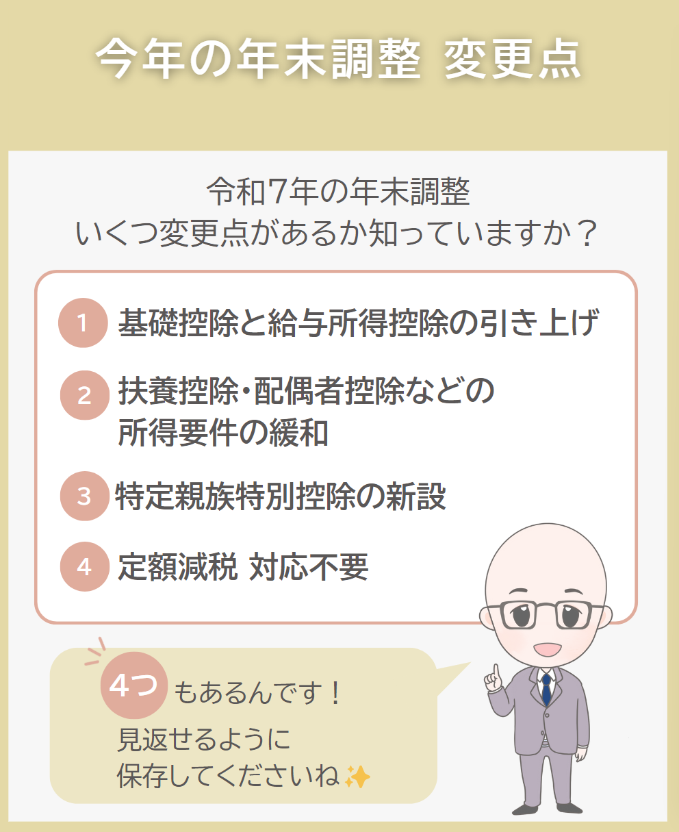 2025年年末調整の変更点インフォグラフィック。社労士が解説する4つの改正ポイント