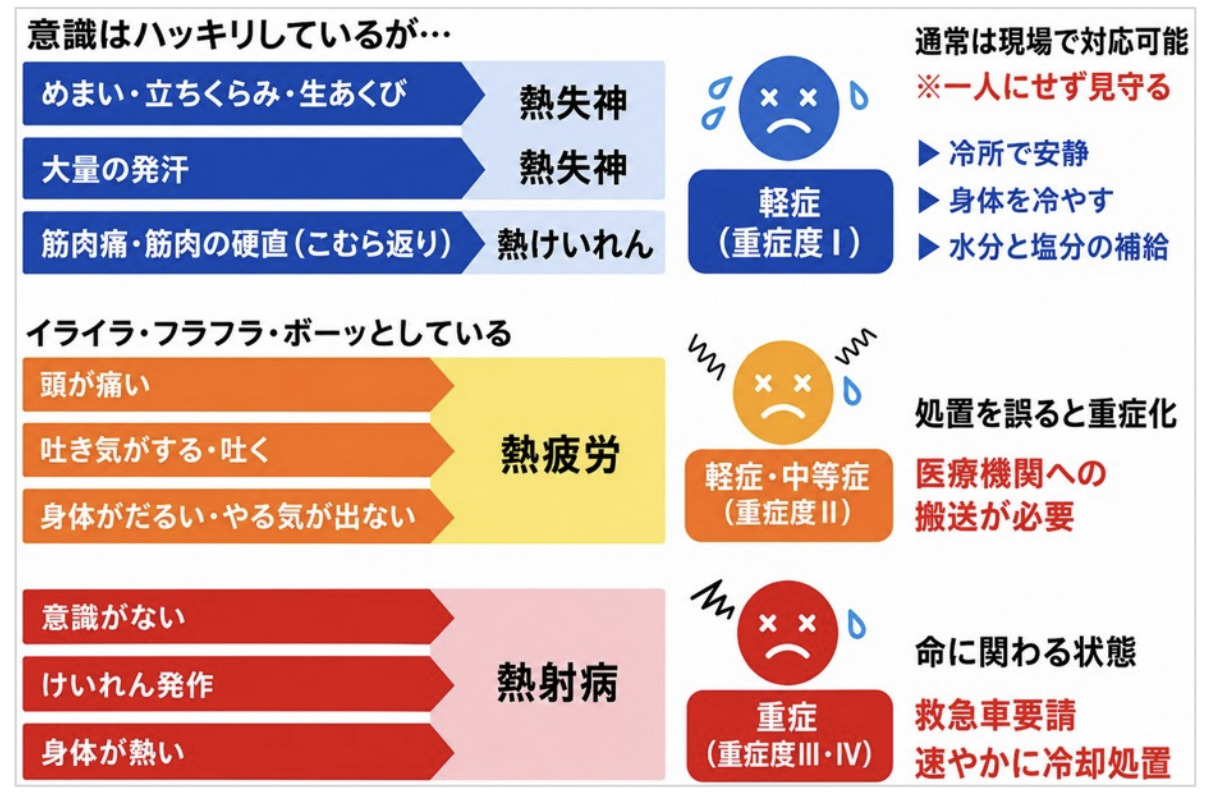 熱中症が疑われる人が出た場合の応急対応の手順を示すフロー図