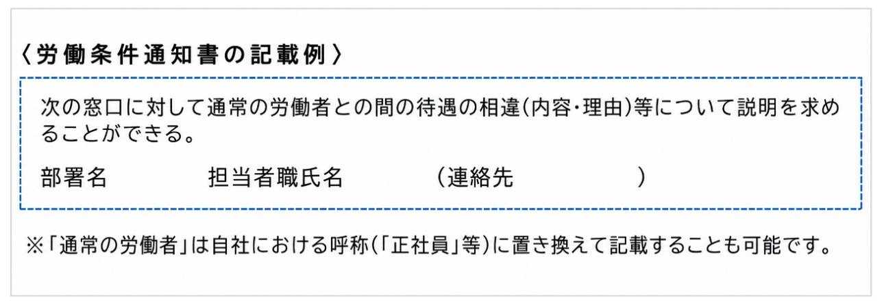 パートタイム・有期雇用労働者向け労働条件通知書の記載例（待遇差の説明を求める窓口の記入イメージ）